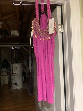 Women’s top ' Hot Pink Braided Strap top with Gold Leaf Trim